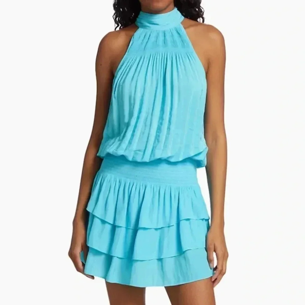 Ramy Brook Hudson Dress Size Small Tropical Blue Halter Tie Top Tiered Ruffle